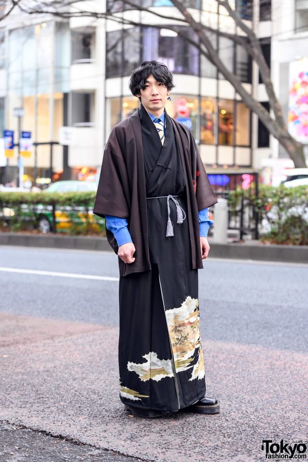 Japanese Kimono, Necktie & Dr. Martens Street Style in Harajuku, Tokyo