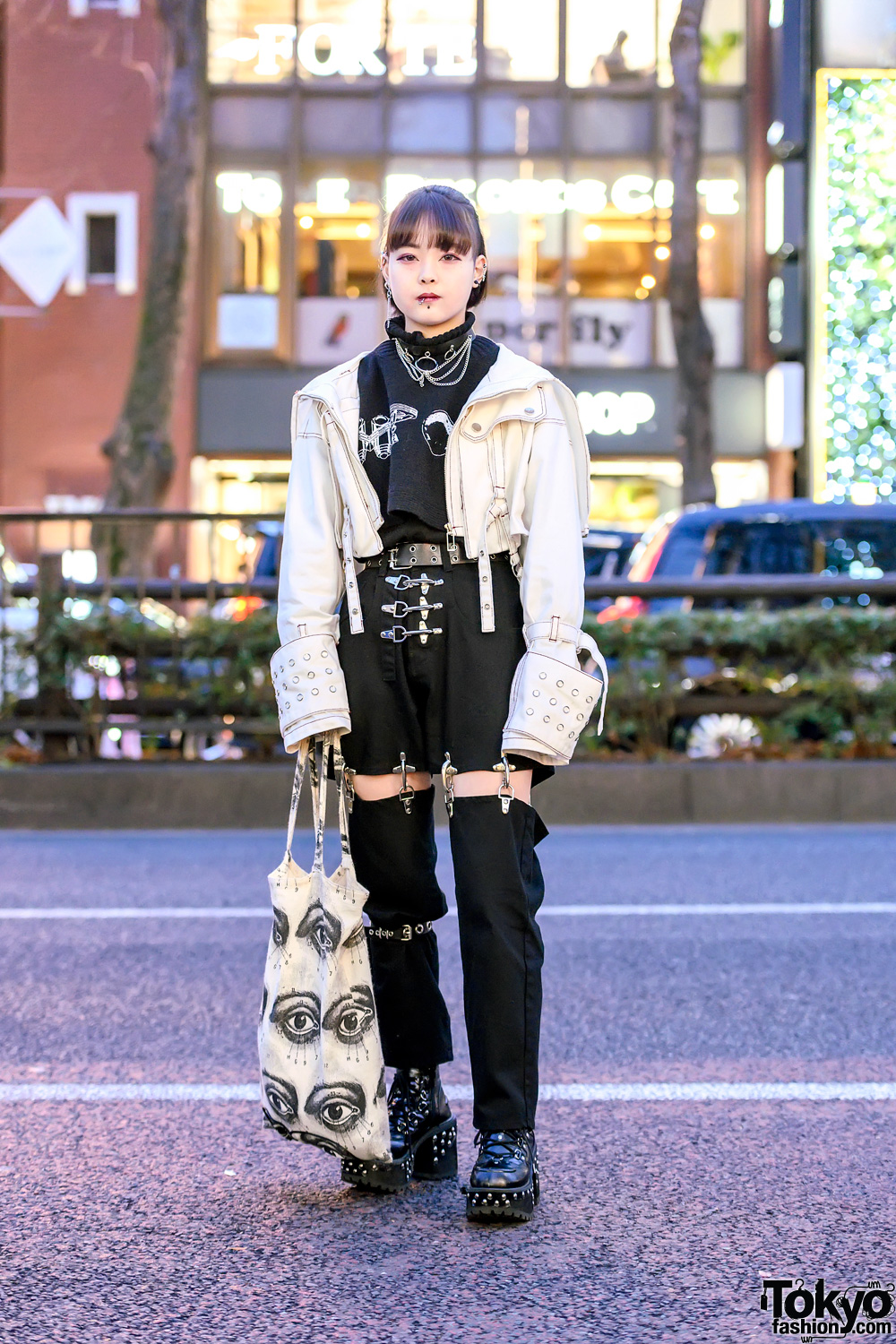 Harajuku Girl in MYOB NYC Fireman Joint Pants, Oversized Sleeve Jacket, Piercings & Studded Boots