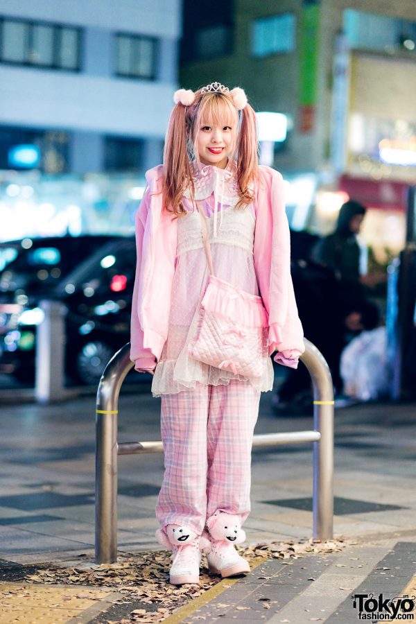 Harajuku Girl’s All Pink Street Style w/ Twin Tails, Claire’s, Paris Kids Tiara, WC, PUNYUS, Handmade Fashion & Jeremy Scott x Adidas Teddy Bear Sneakers