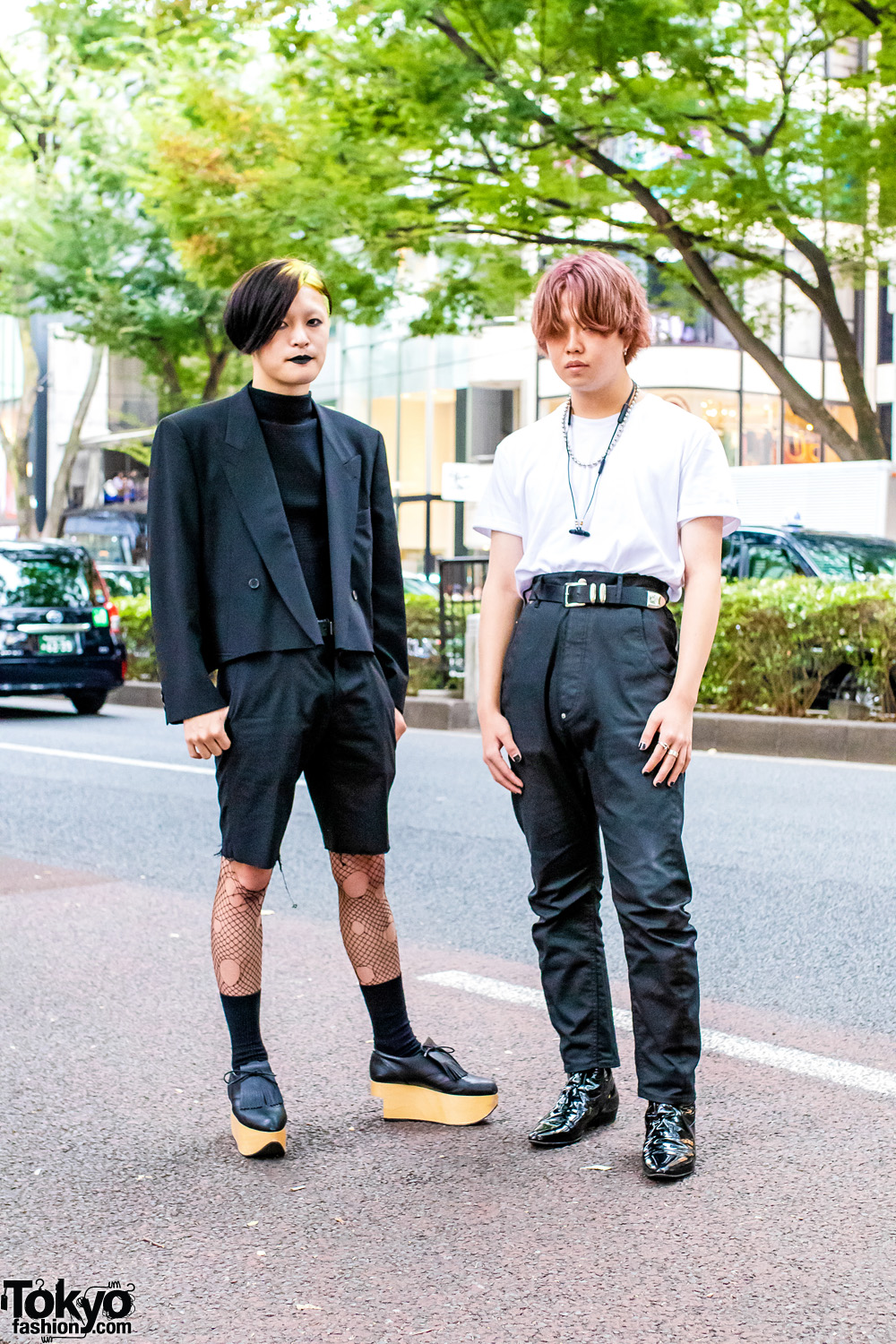Harajuku Streetwear Styles w/ Two-Tone Hair, Ripped Fishnets, Issey Miyake Mock-Neck Top, Chrome Hearts, Saint Laurent & Vivienne Westwood Rocking Shoes