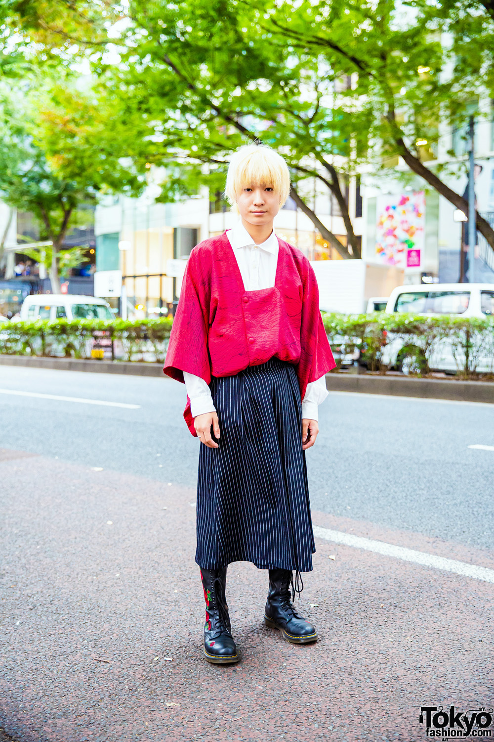 Harajuku  Style w/ Blonde Bob, Square Neck Kimono Top, Striped Pants, & Dr. Martens Floral Boots