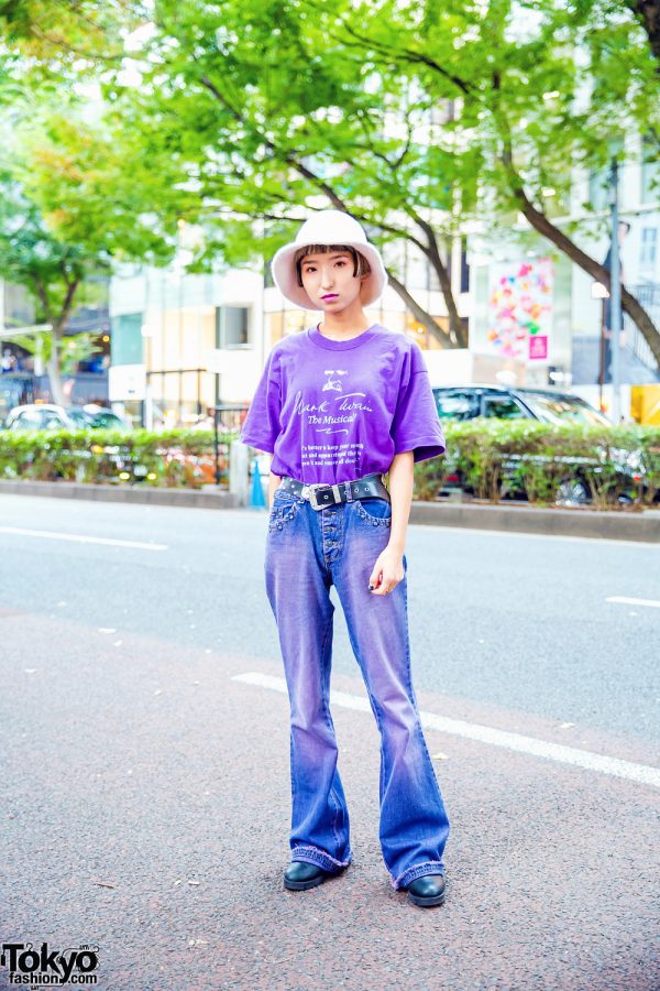 Casual Purple Streetwear Style w/ Blunt Bob, Bucket Hat, Mark Twain T-Shirt, ME Harajuku, Camper & Resale Fashion