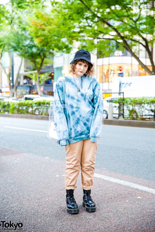 Japanese Tie-Dyed Street Style w/ Remake H&M Sweater, WEGO Khaki Pants, Fiorucci x Adidas Tote & Dr. Martens