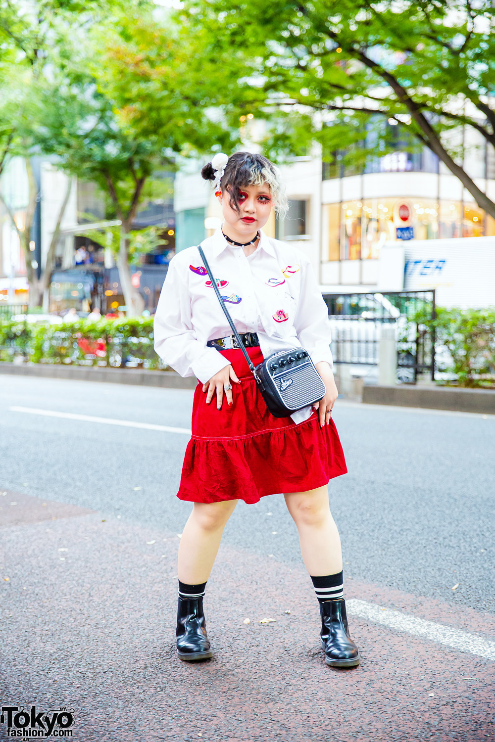 Tokyo Style w/ Twin Buns, Heart Eye Makeup, Tiered Skirt, Sinz Radio Crossbody Bag & Dr. Martens Chelsea Boots