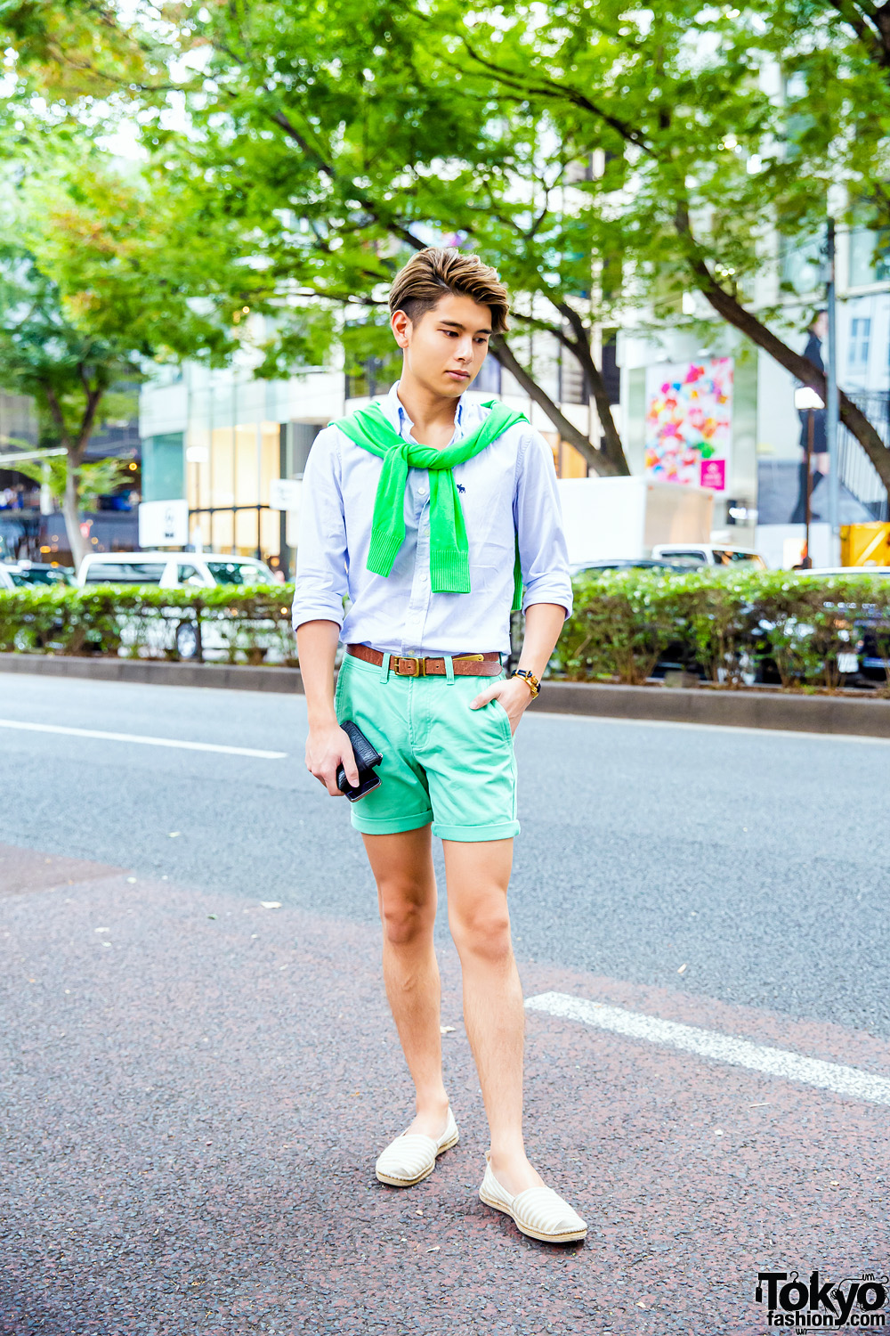 Preppy Menswear Style in Harajuku w/ Abercrombie & Fitch Shirt, Knit Sweater, Cuffed Shorts & Espadrilles