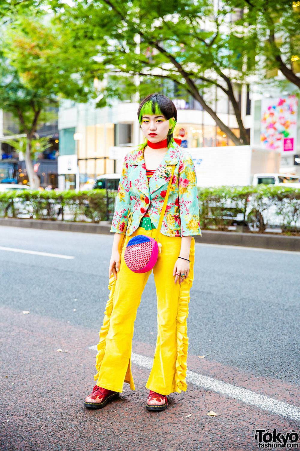 Colorful Harajuku  Street Fashion w/ Green Hair Tips, Little Sunny Bite, RRR Vintage, Oyasumi Club & Dr. Martens Glitter Boots
