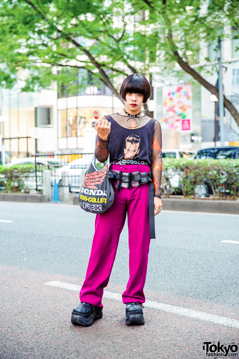 Tokyo Street Style w/ Blunt Bob Hair, Oversized Hoop Earrings, Never Mind the XU, Zara Fuchsia Pants, Tiffany & Co, Honda & Demonia Shoes