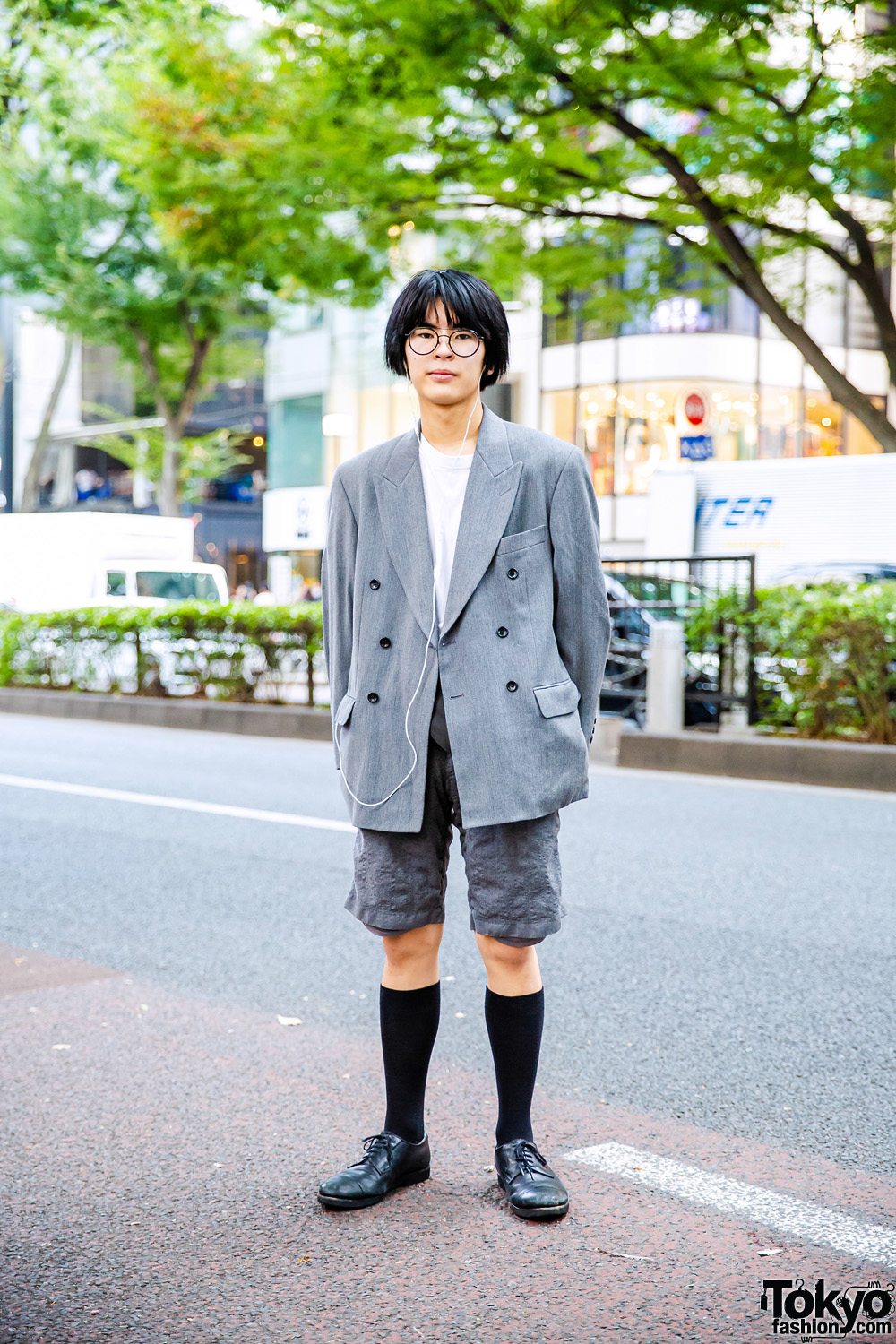 Harajuku Menswear Street Style w/ Round Glasses, Kenzo Double-Breasted Jacket, Junya Watanabe Bermuda Shorts, Knee High Socks, Porter & United Arrows