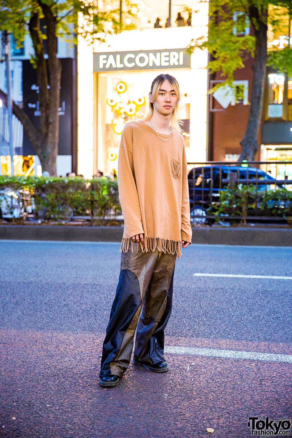 Casual Harajuku Street Style w/ Remake Fringe Shirt, Chain Necklace, Two-Tone Pants & Dr. Martens Boots