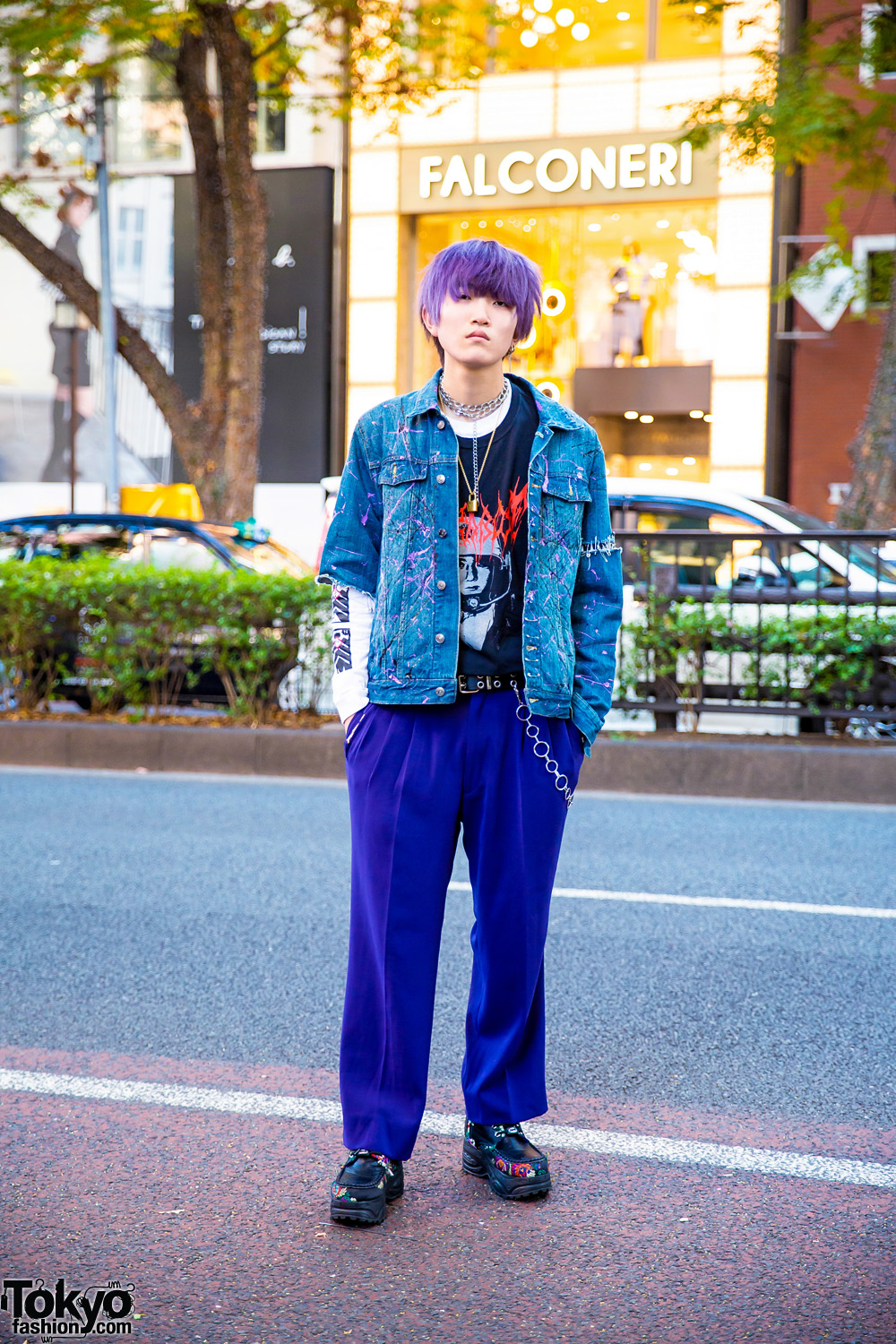 Harajuku Street Style w/ Purple Hair, Chain Jewelry, Remake Denim Jacket, MCM Pants & Yosuke Platforms