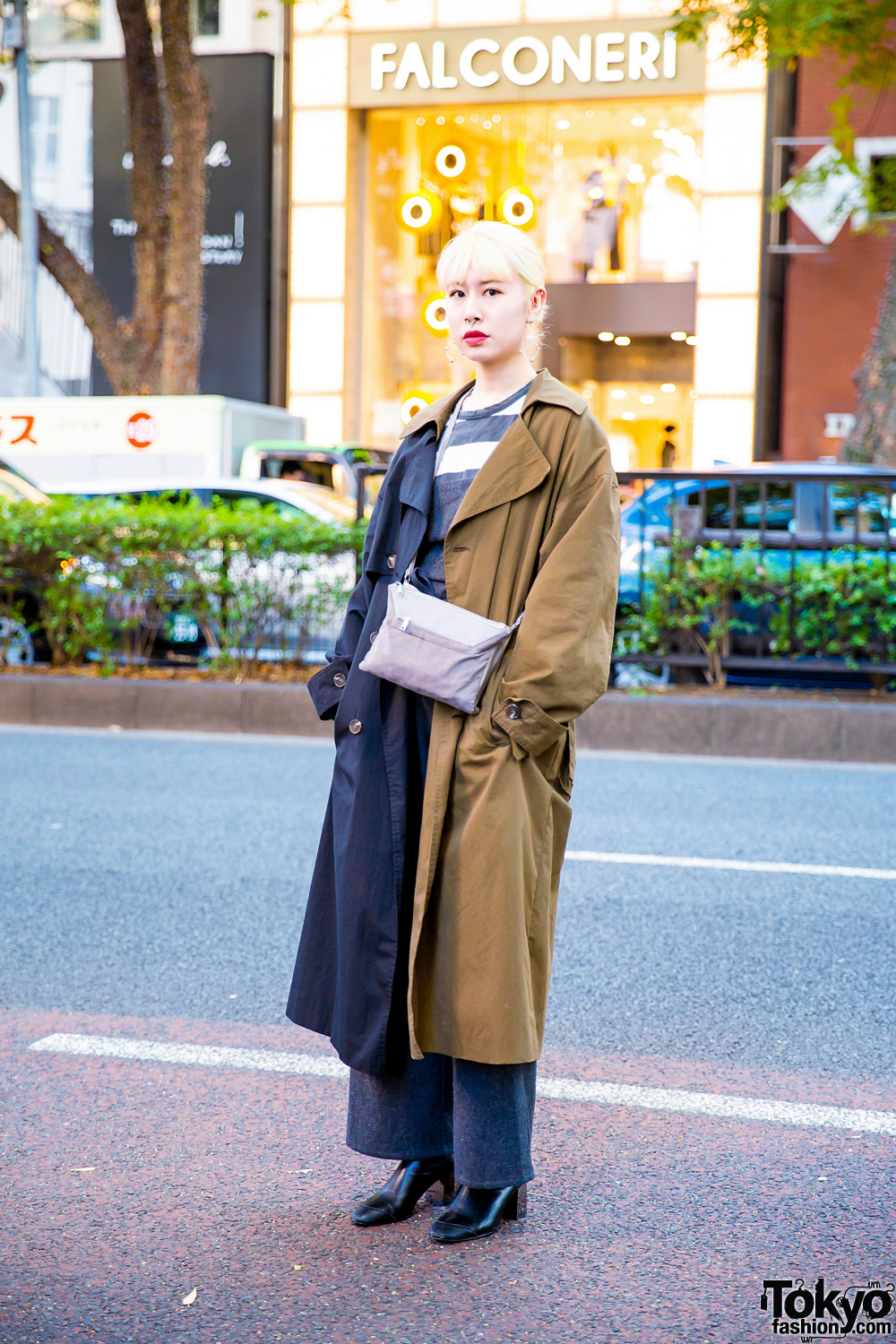 Tokyo Hair Stylist's Street Style w/ Silver Jewelry, OY Two-Tone Trench Coat, Agnes B, Jumpsuit, Crossbody Bag & Zara Boots