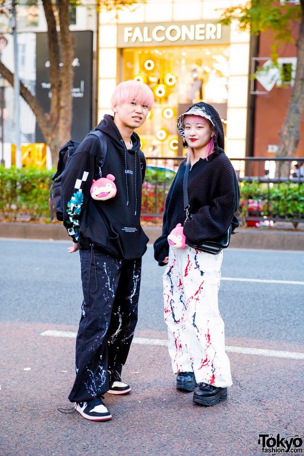 Japanese Street Styles w/ Pink Hair, Legenda Hoodie, Oh Pearl Hoodie, Faith Tokyo Paint-Splattered Pants, Pokemon Yadon Keychains, Nike & Yosuke