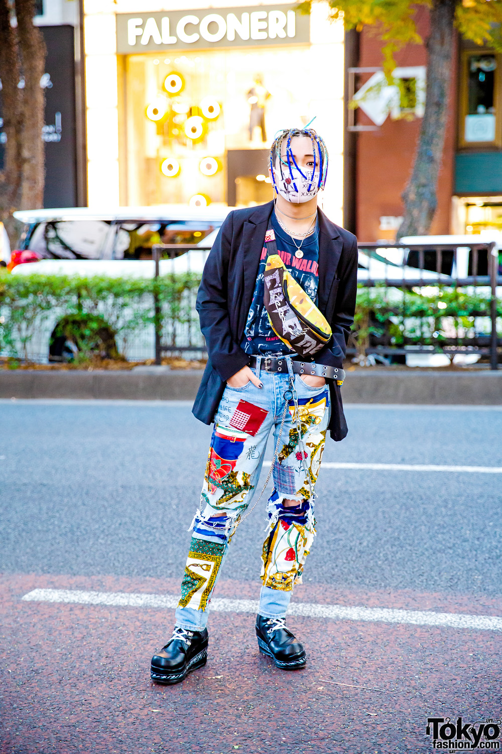 Japanese Street Style w/ Colorful Braids, Mask, Patchwork Jeans, Barbwire Boots & Cote Mer Waist Bag