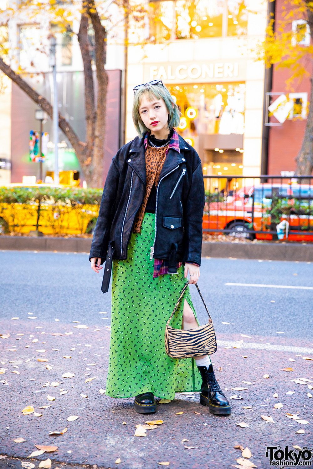 Japanese Model's X-Girl Street Style w/ Ombre Bob, Suede Jacket, Floral Print Maxi Skirt, Veil Handbag, Resale Fashion & Dr. Martens Boots