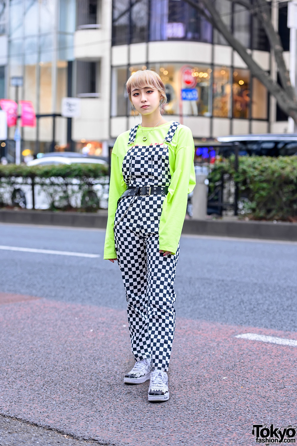 Harajuku Girl in Checkered Overalls, &Ellecy T-Shirt & Hand Painted Nike Air Force Ones