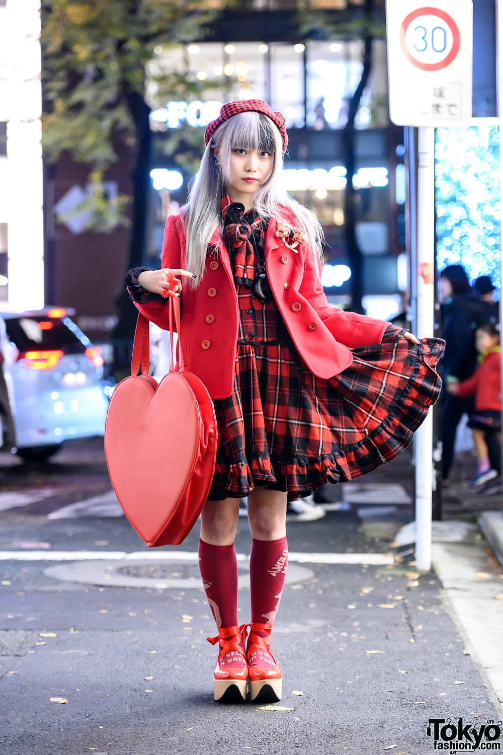 Harajuku Idol in Black & Red Street Style w/ Fangs, Plaid Dress, Rocking Horse Shoes, Giant Heart Bag & Quirky Accessories