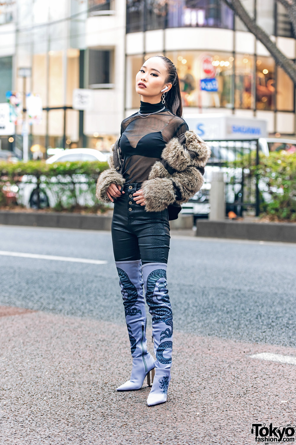 Sleek Tokyo Street Style w/ Ponytail, Pinnap Furry Jacket, Juemi Sheer Top, 24h Party Snakeskin Pants & Yello Shoes Dragon Boots