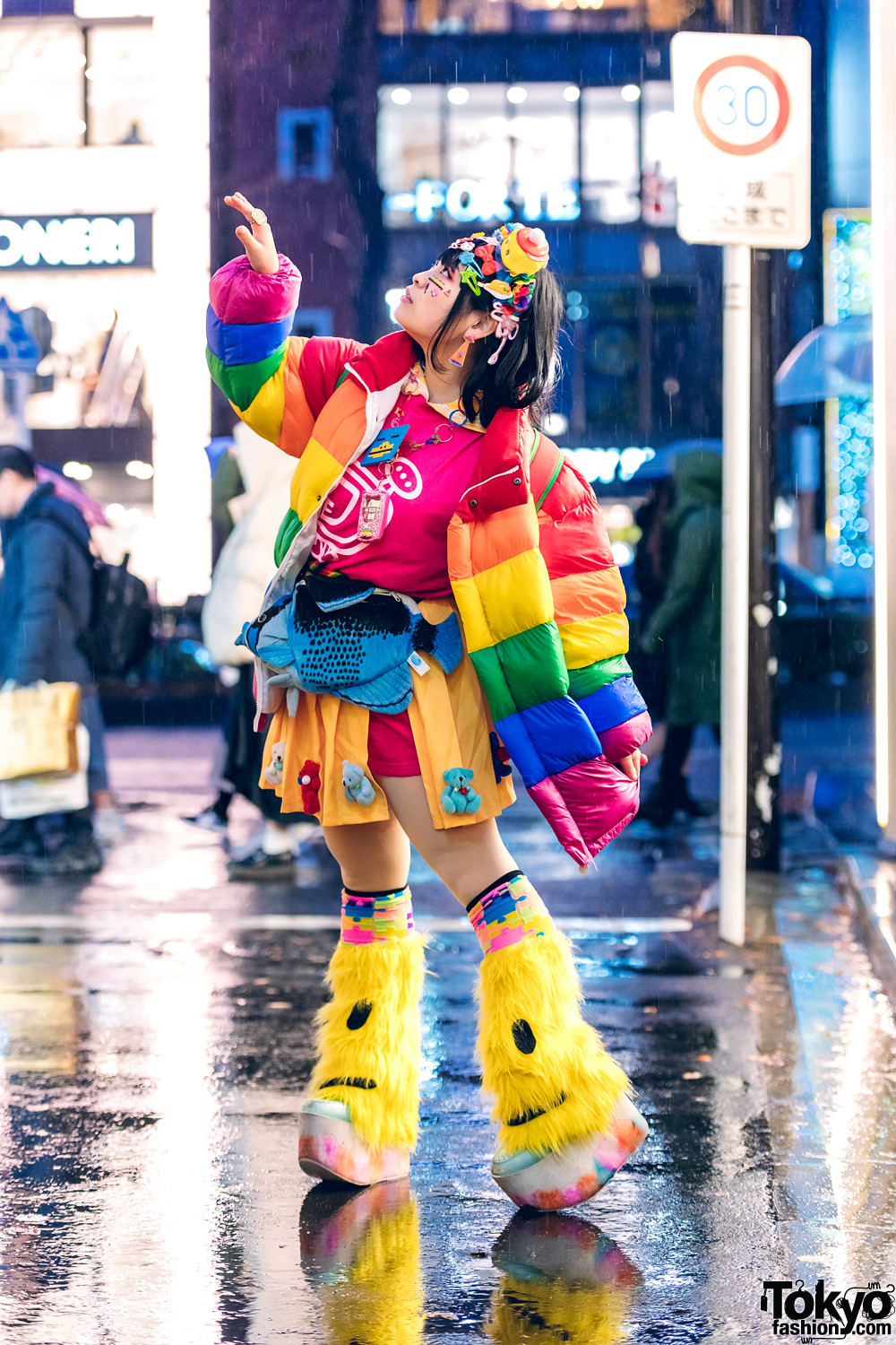 Harajuku Decora Street Style w/ Handmade Hair Clips, Pixel Bead Necklace, Rainbow Puffer Jacket, Yoshida Channel, Teddy Bear Skirt, Leg Warmers & Yosuke Platforms