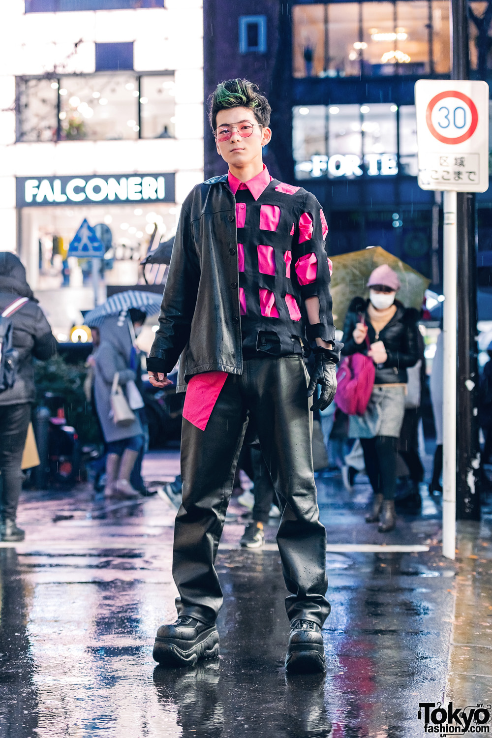 Black & Pink Tokyo Street Style w/ Pink Sunglasses, Leather Jacket, Comme des Garcons Caged Sweater, LAD Musician Shirt, & Demonia Lace-Up Shoes