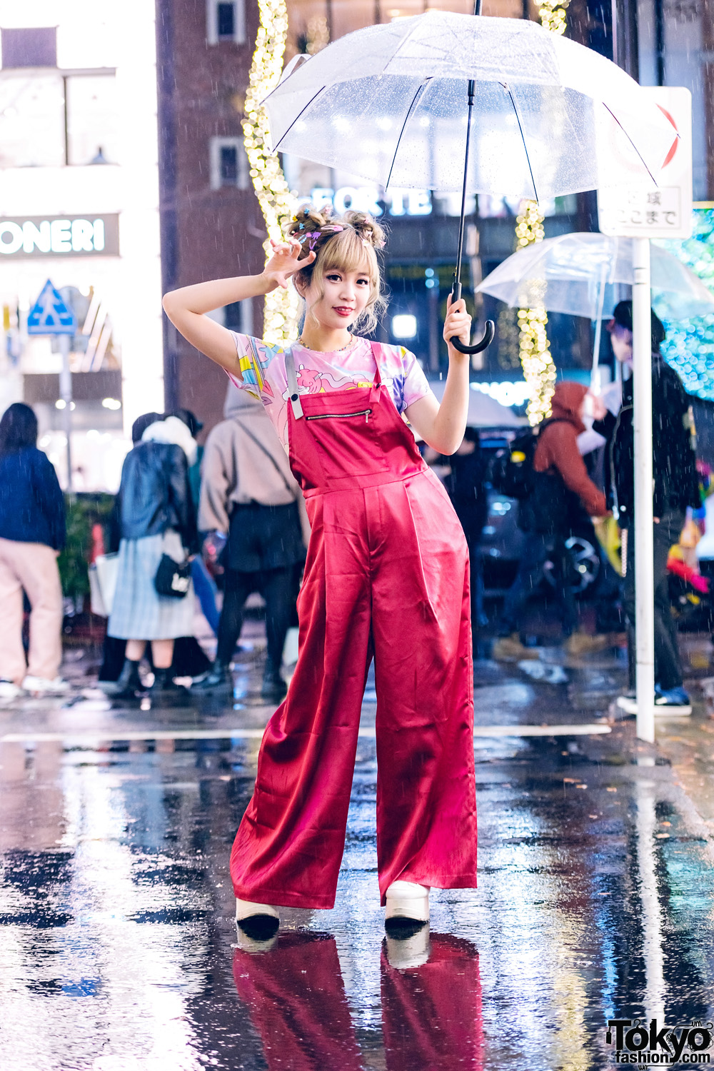 Kyoto Idol & Kawaii Monster Girl in Harajuku w/ Twin Buns, Clear Umbrella, Scai Wide Leg Satin Overalls, Unicorn Shirt & Yosuke Platforms