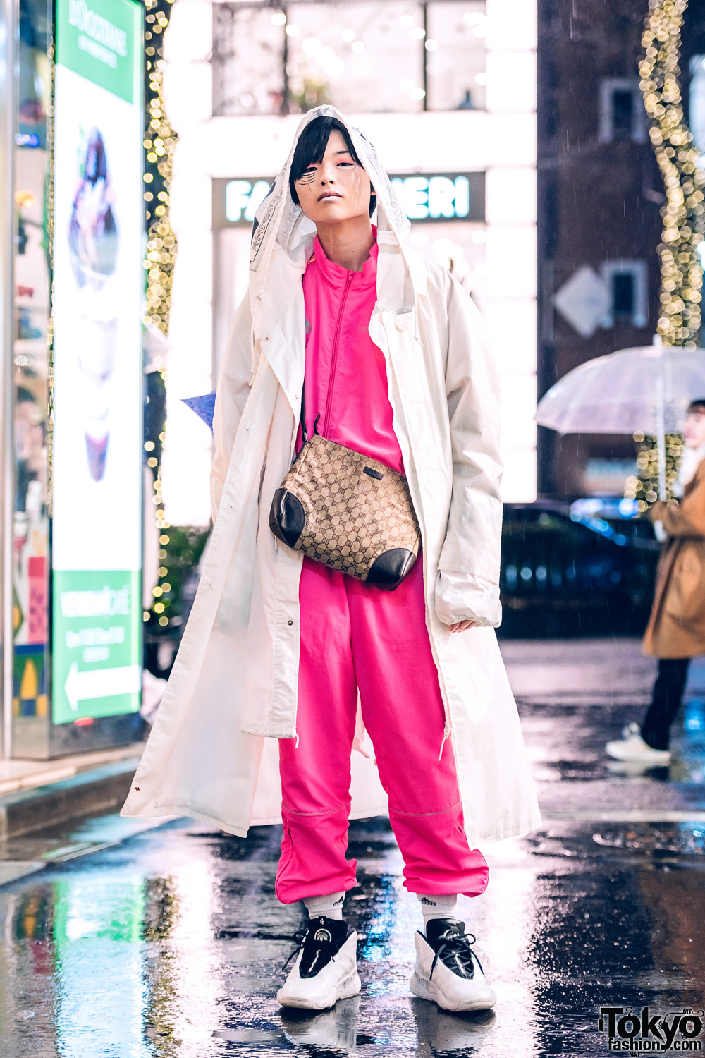 Harajuku Style w/ Face Makeup, Vintage Coat, Gosha Rubchinskiy Track Suit, Gucci Bag & Alexander Wang Sneakers