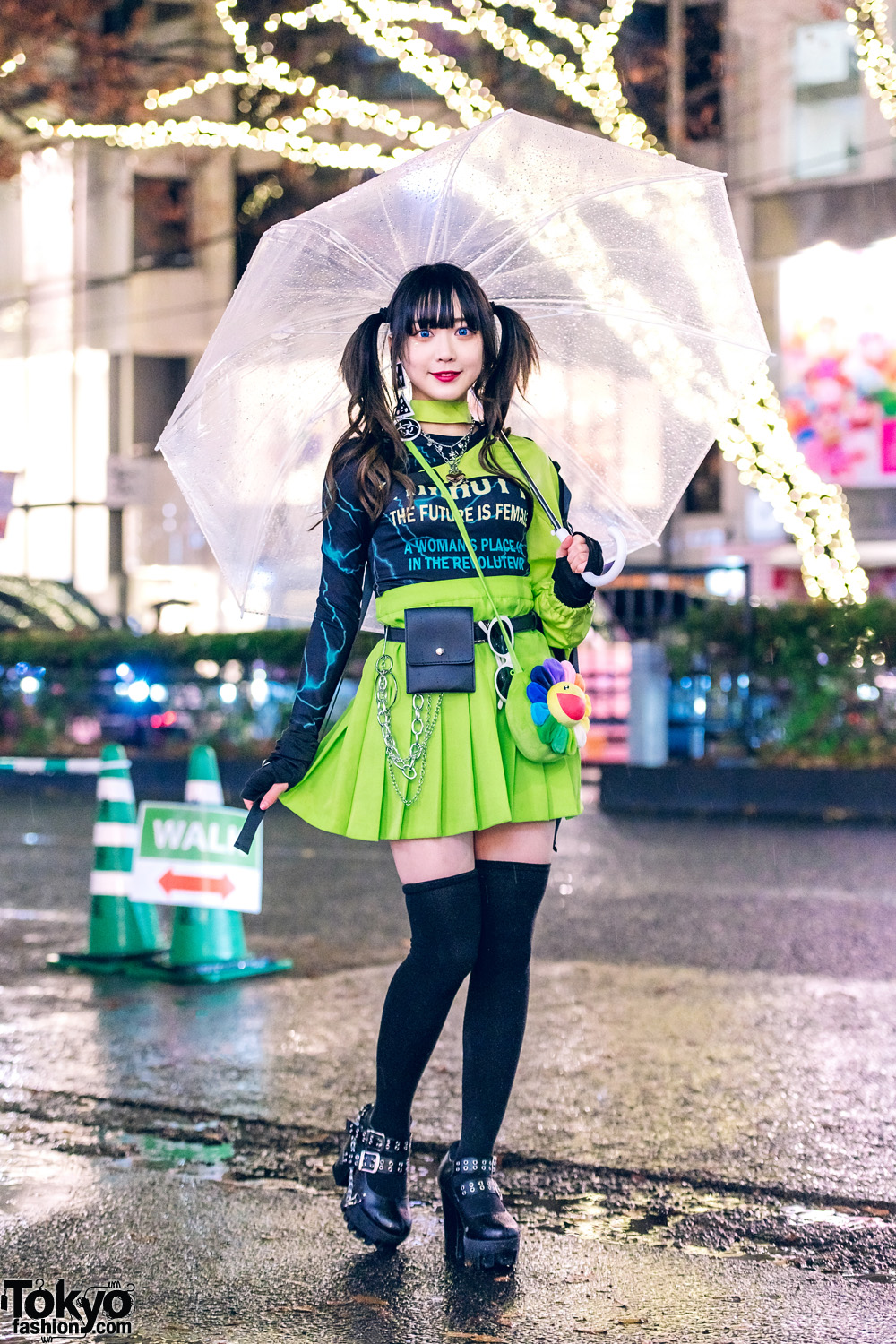 Japanese Idol Street Style w/ Clear Umbrella, Harness Jacket, WEGO Harajuku Pleated Skirt, Romantic Standard, Flower Bag & Yosuke USA Heels