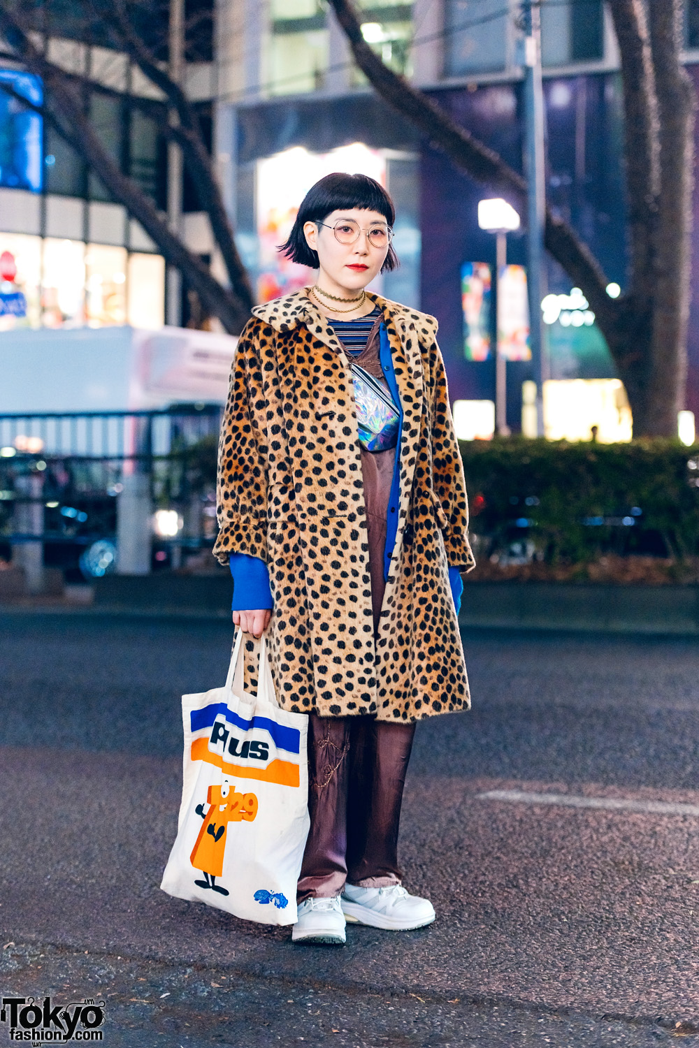 Japanese Accessory Artist in w/ Shiho Tabei Chokers, Leopard Print Coat, Jumpsuit, Canvas Tote, & Metallic Waist Bag