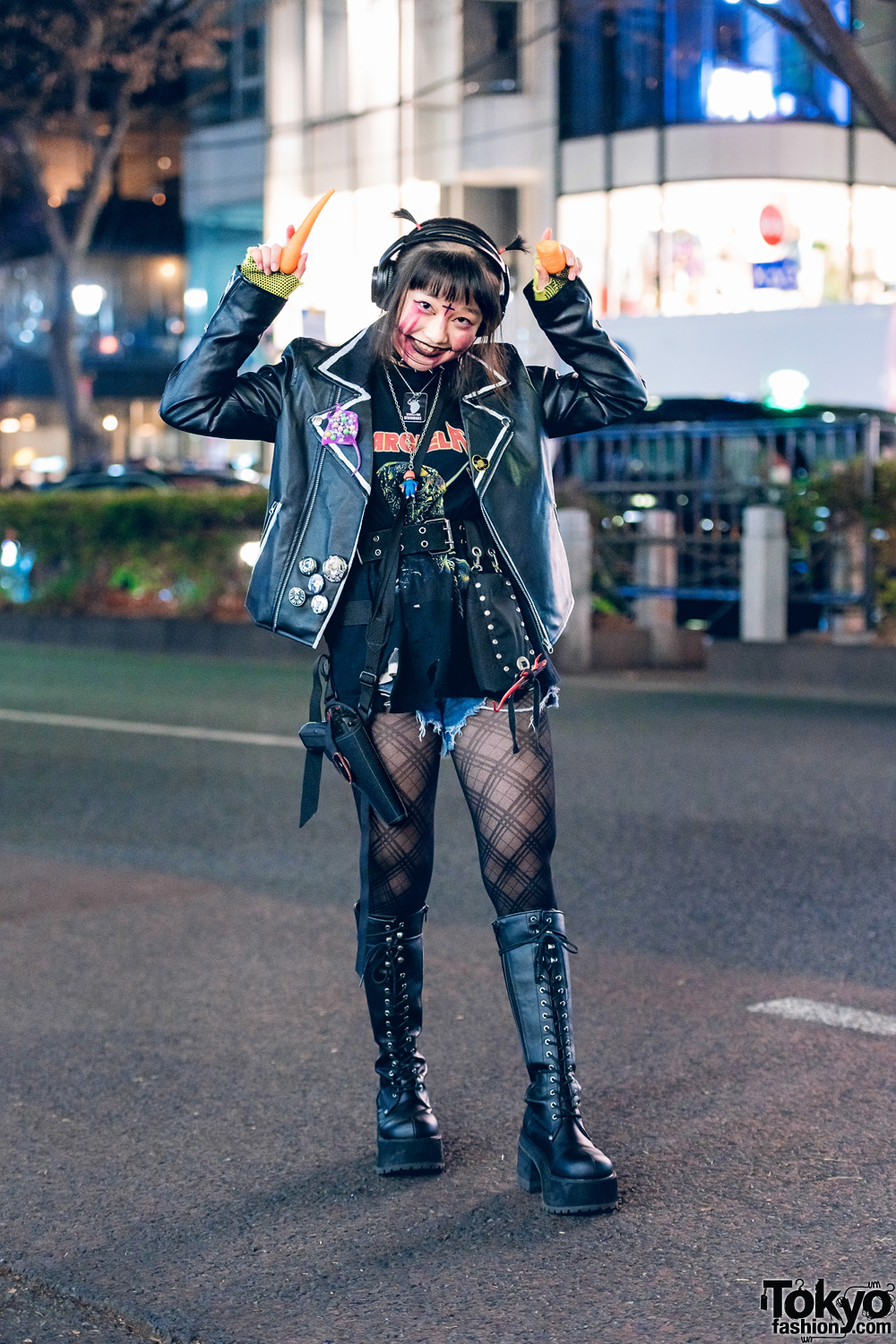 Punky Harajuku Girl Street Style w/ Shaved Hairstyle, Chucky, Biker Jacket, Handmade Accessories & Demonia Boots