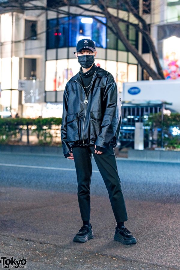 All Black Mens Minimalist Japanese Street Style w/ OY Cap, Leather Blouson, ESC Studio Turtleneck, UNIQLO Cropped Pants, ASCLO & Hoka One One Chunky Sneakers