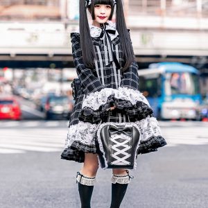 Japanese Gothic Lolita Style in Tokyo w/ Lace Headdress, Marble Checkered Dress, Baby The Stars Shine Bright, Spica Bow Bag & H.Naoto Backpack