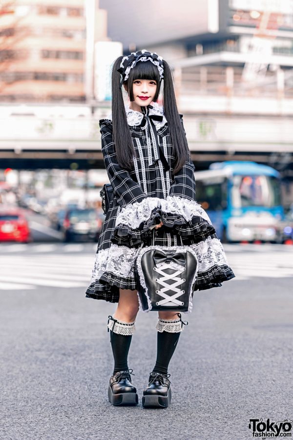 Japanese Gothic Lolita Style in Tokyo w/ Lace Headdress, Marble Checkered Dress, Baby The Stars Shine Bright, Spica Bow Bag & H.Naoto Backpack