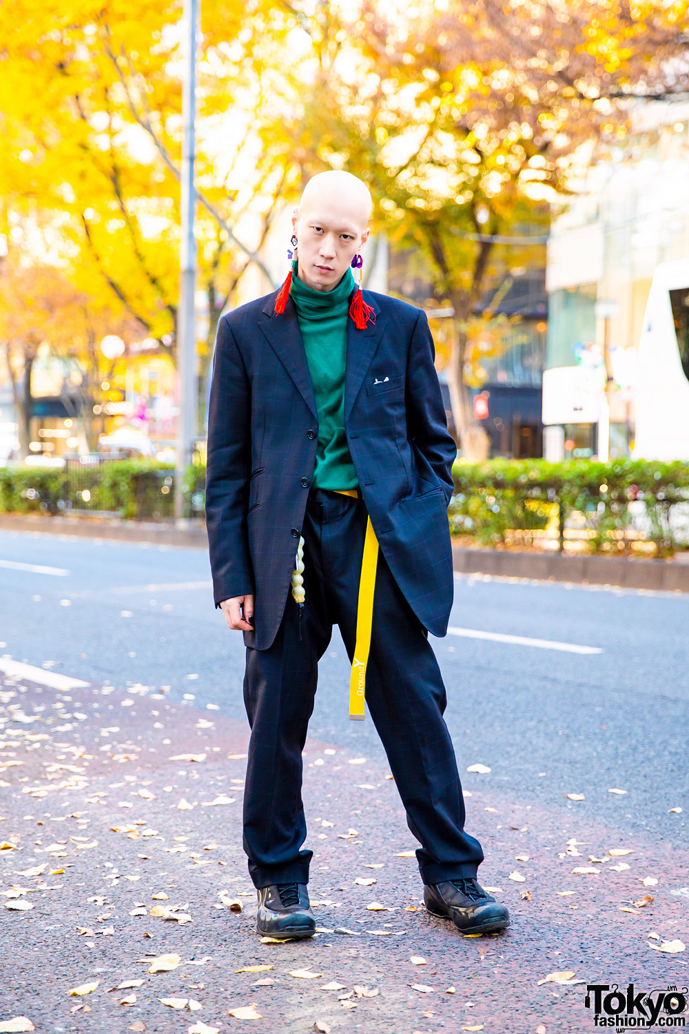 Tokyo Menswear Street Style w/ Burberry Plaid Suit, Mahjong Tassel Earrings, Vintage Turtleneck Sweater, Runurunu, Kenzo, Ground Y & Nike Sneakers