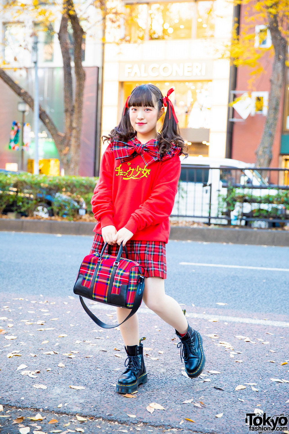 Plaid Streetwear Style in Harajuku w/ Curly Twin Tails, HEIHEI Sweater, Chicago Harajuku Pleated Skirt, Bowler Bag & Dr. Martens Boots