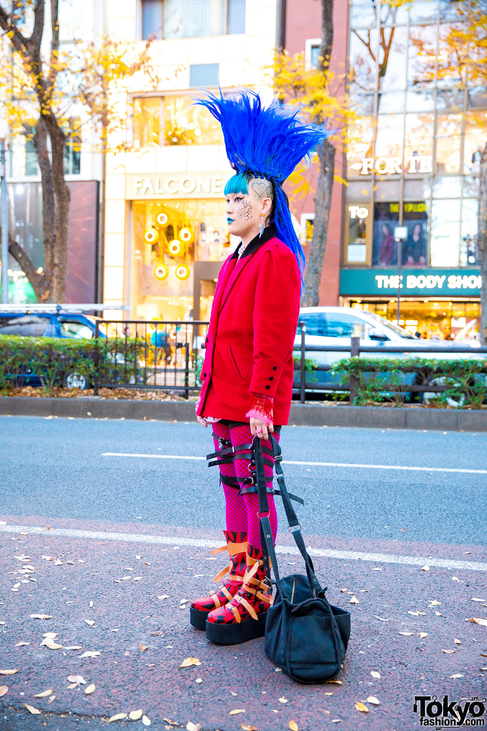 Colorful Harajuku Street Style w/ Tall Mohawk, Blue Lipstick, World's End Blazer, Fishnets, Leg Harness & Vivienne Westwood x Buffalo Platform Strap Boots