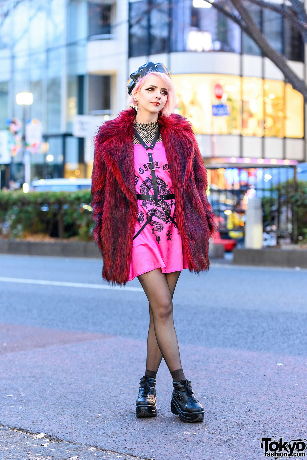 Harajuku Style w/ Pink Hair, Leather Beret, Asos Furry Coat, New Girl ...