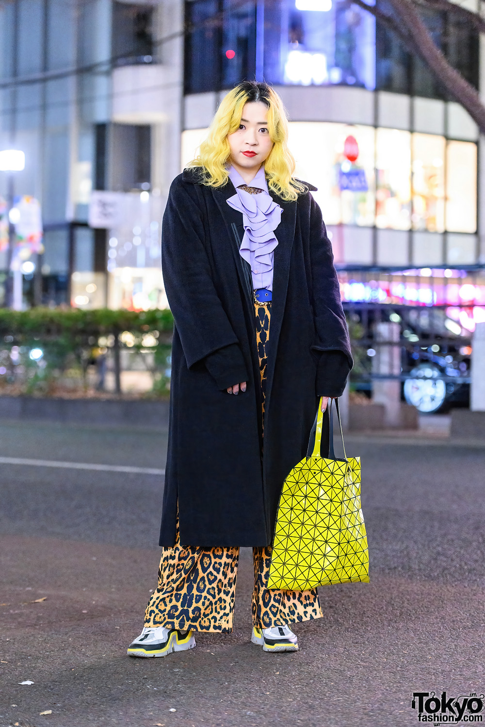 Harajuku Style w/ Yellow Hair, Bib Collar Necklace, Max Mara Coat, Leopard Print Pants, Issey Miyake Bao Bao Tote & Pierre Hardy Sneakers