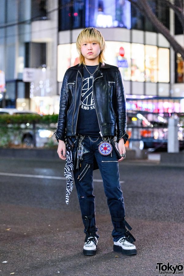 Japanese All Black Punk Street Style w/ Lock Necklace, Knuckleduster, Cyberdyne Leather Jacket, Tiger of London Pants, BlackMeans Coin Pouch & Demonia Creepers