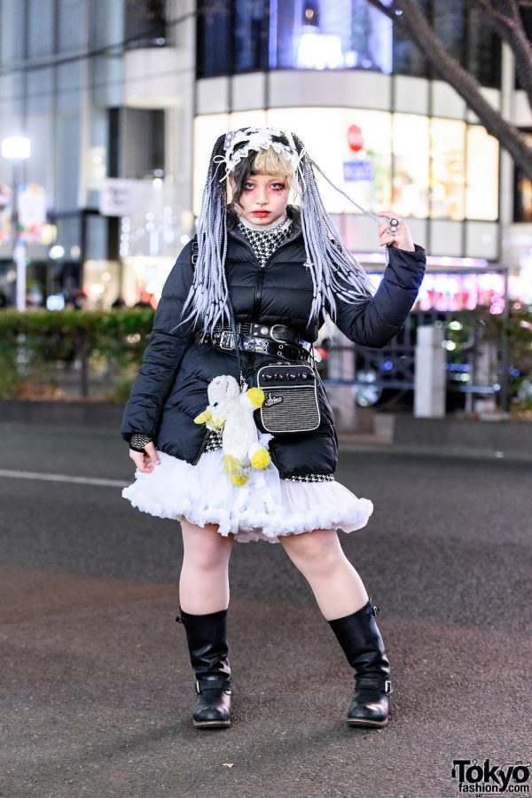 Harajuku Style w/ Braided Tails, Cassette Tape Headpiece, UNIQLO Puffer Jacket, Disney Villains Backpack, Sinz Radio Sling Bag & Buckle Boots