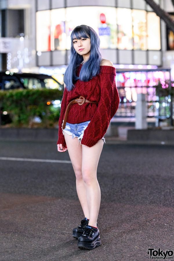 Chic Casual Harajuku Street Style w/ Ombre Blue Hair, Off Shoulder Sweater, Denim Shorts, Bless & Yosuke Shoes