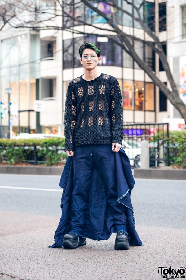 Winged Denim Jumpsuit Tokyo Street Style w/ Comme des Garcons Cutout Top, Handmade Fashion & Demonia Platforms