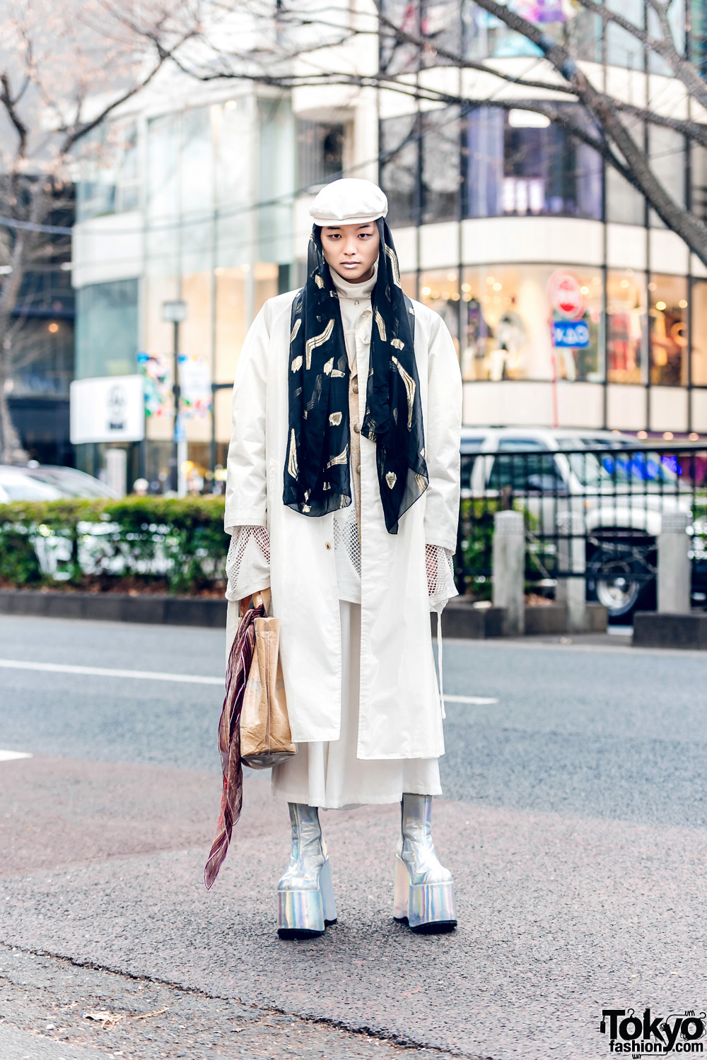 Harajuku All White Outfit w/ White Lipstick, Doublet Coat, Limi Feu Cutout Top, As Super Sonic, Comme des Garcons, D&G, Gucci, Number (N)ine & Demonia Platform Boots