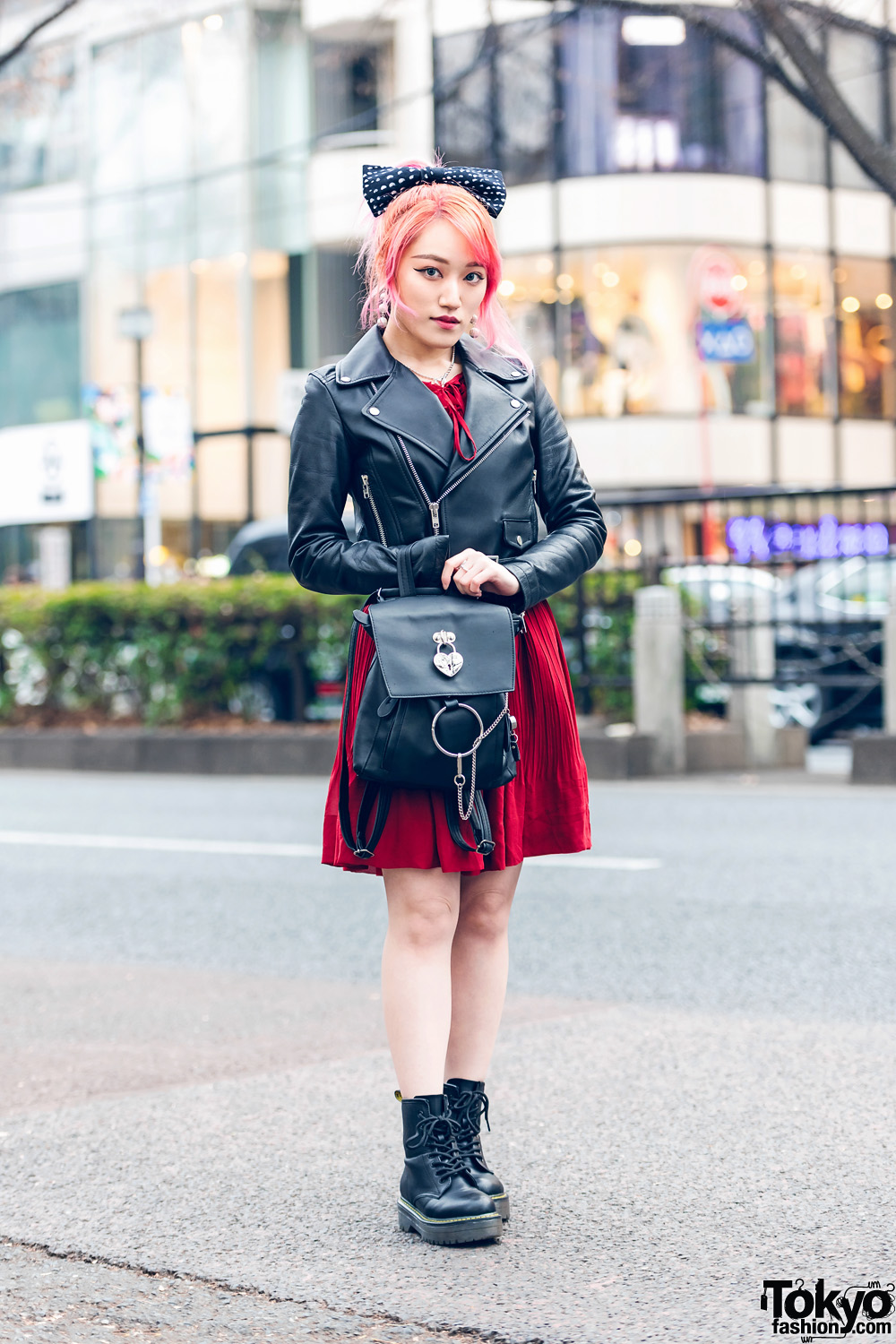 Japanese Guitarist Lisa13 in Harajuku w/ Pink Hair, Polka Dot Bow, Cropped Biker Jacket, Korean Dress, Gucci, Nyulycadelic Backpack & Dr. Martens Boots
