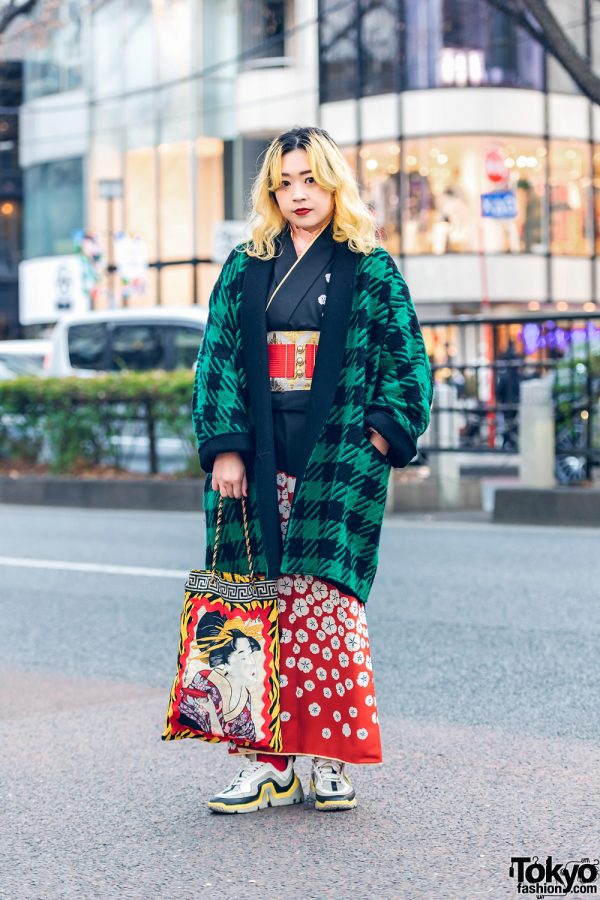 Kimono Streetwear Style w/ Two-Tone Hair, Houndstooth Coat, Resale Kimono, Handmade Geisha Print Tote & Pierre Hardy Chunky Sneakers