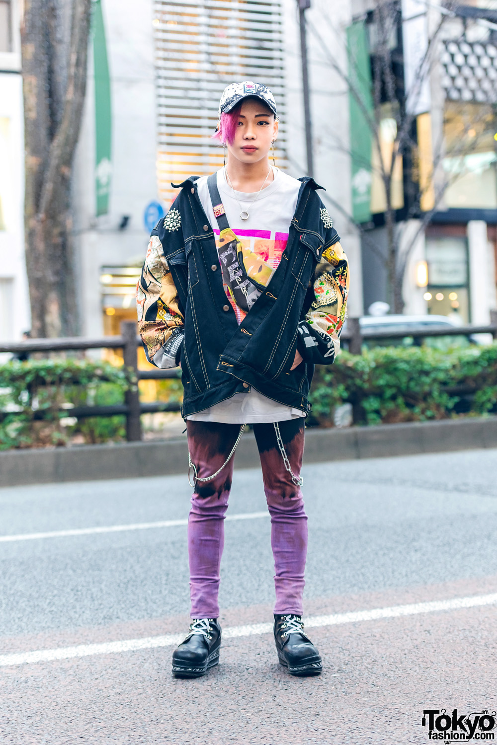 Japanese Artist's Cote Mer Streetwear Style w/ Purple Hair, Patchwork Denim Jacket, Remake Tie-Dye Skinny Pants, Waist Bag, Silver Chains & Platform Barbwire Boots