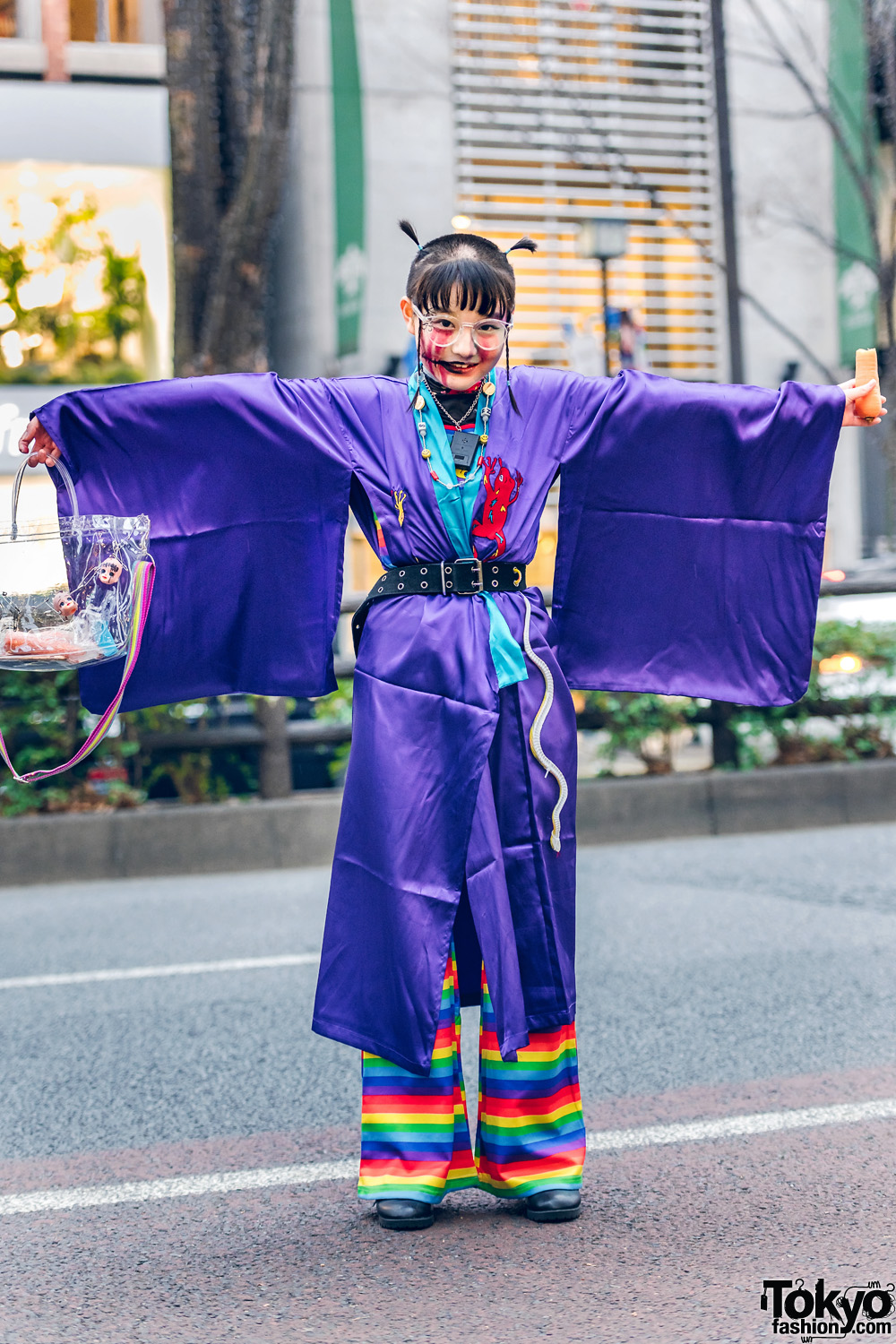 Kobinai Kimono Japanese Street Style w/ Shaved Hairstyle, Rainbow Pants, Handmade Doll Heads Bag & Lace-Up Boots