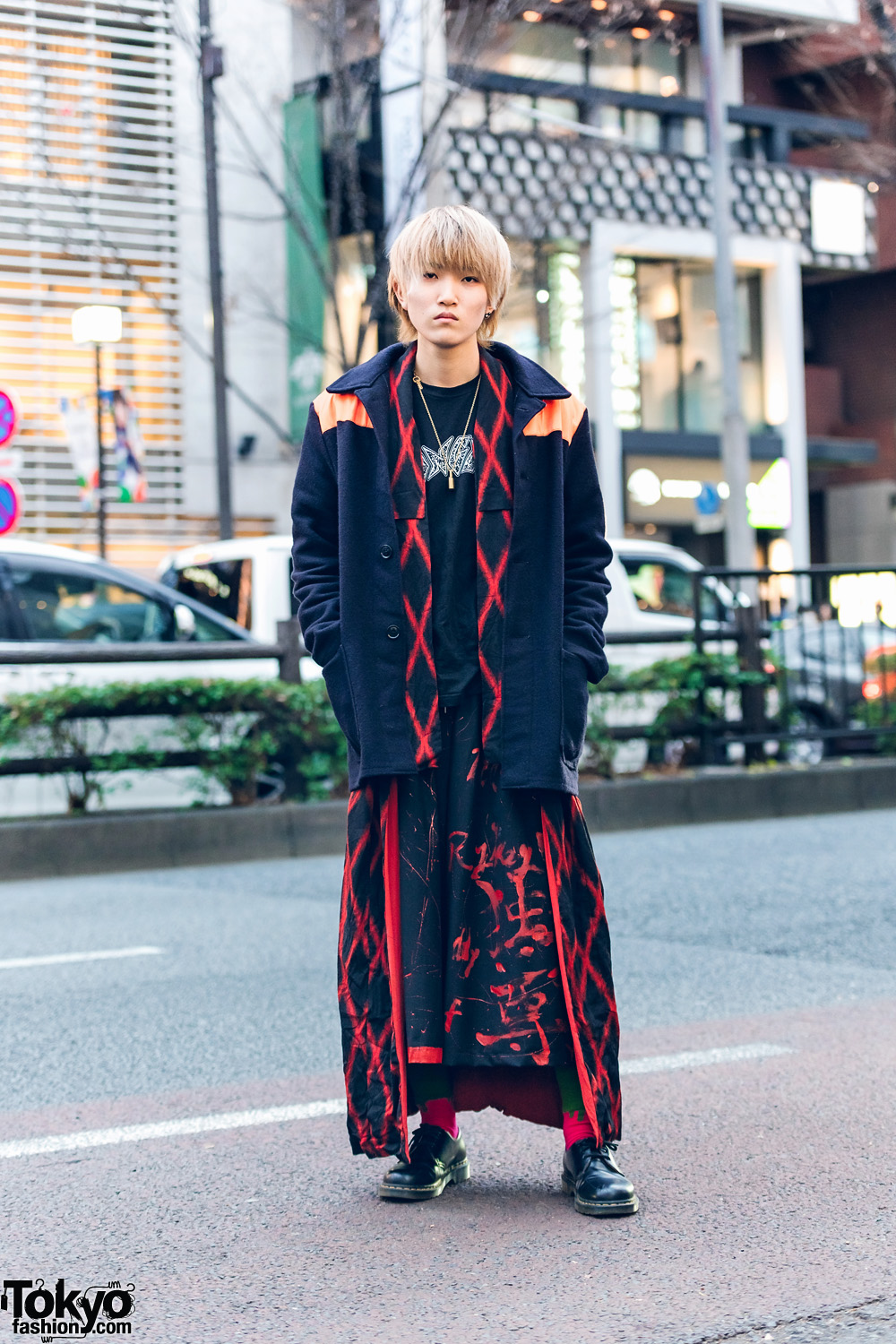 Harajuku Kimono Remake Streetwear w/ Lock Necklace, Colorblock Coat, Geometric Kimono, Not Conventional Pants & Dr. Martens Shoes