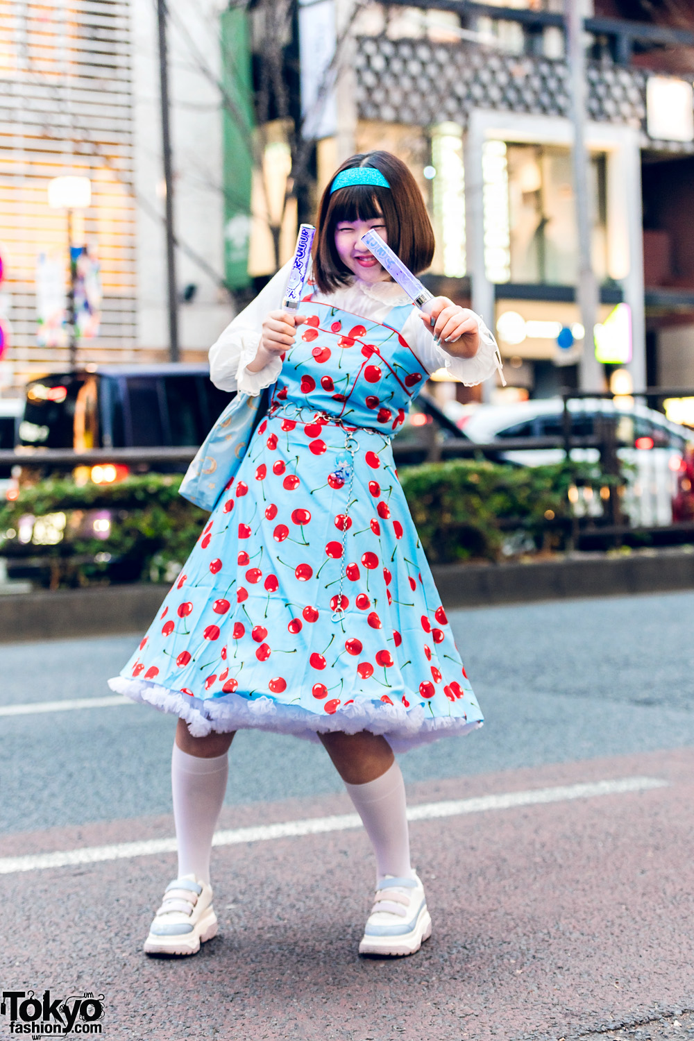 Harajuku Girl Style w/ Headband, Cherry Print Jumper Dress, Moon Print Tote Bag & Pastel Sneakers
