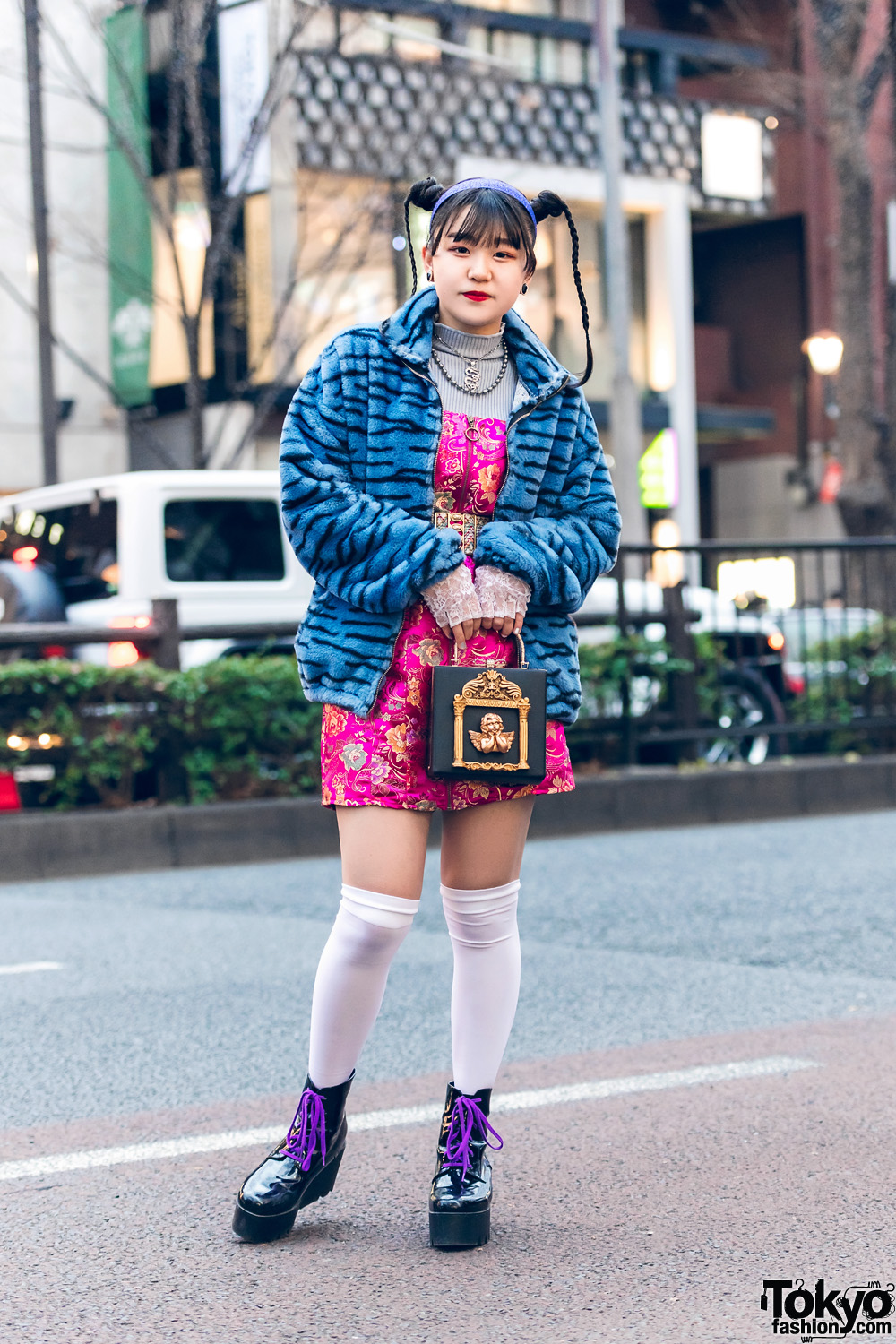 Tokyo Street Style w/ Twin Braids, Romantic Standard Furry Jacket, Floral Print Tube Dress, Angel Box Bag, Never Mind the XU & Platform Boots