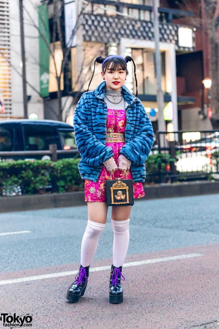 Tokyo Street Style w/ Twin Braids, Romantic Standard Furry Jacket ...