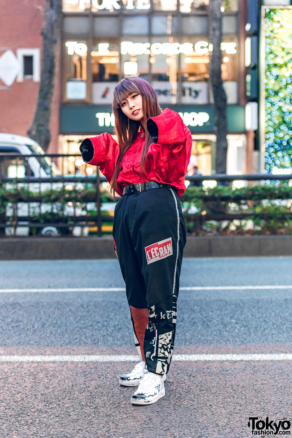 Harajuku Style w/ Pink Hair Streaks, Chinese Embroidered Satin Top, Cote Mer Graphic Pants, Bless & Nike Sneakers